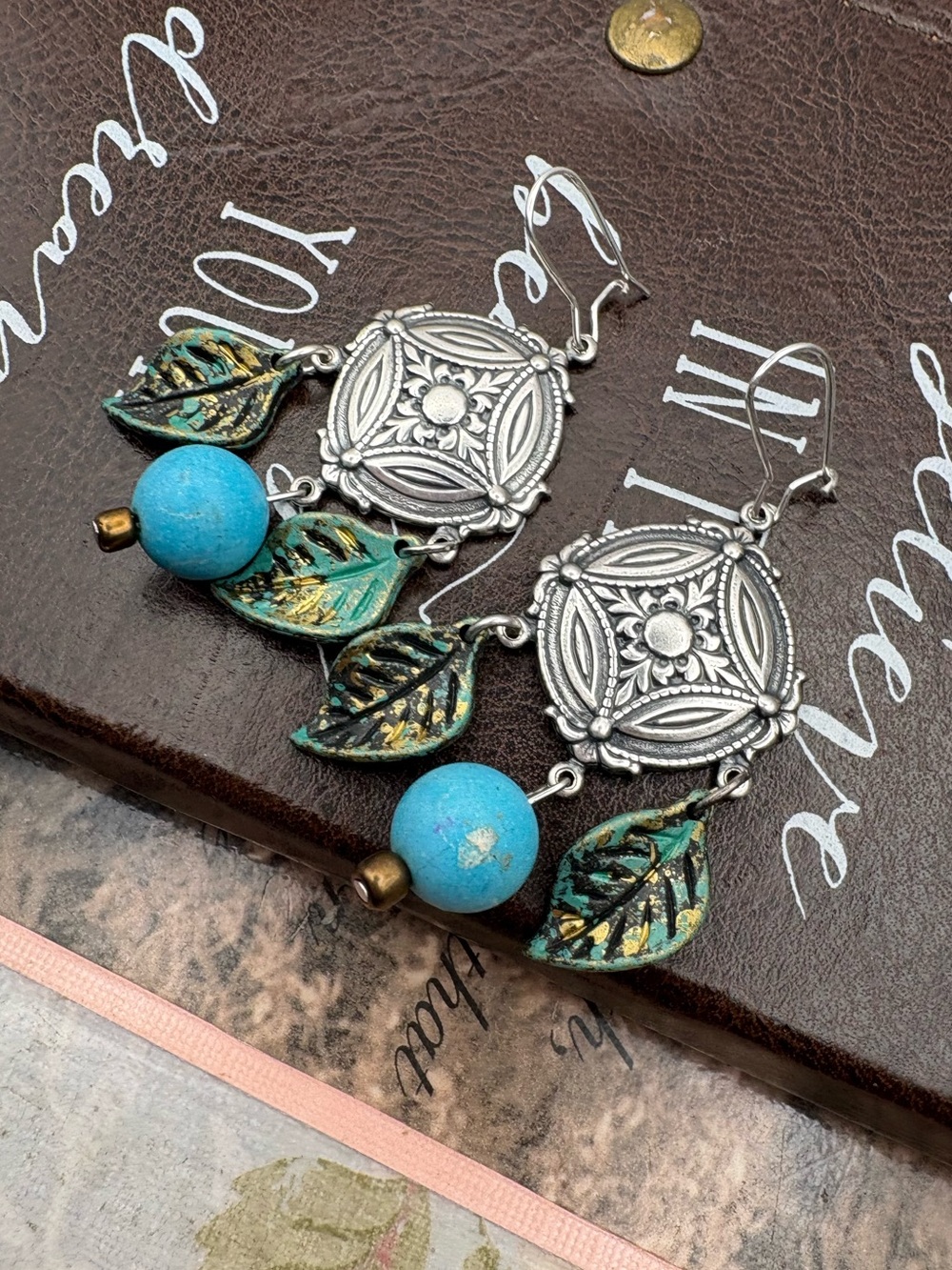 Handmade Boho Turquoise Dangle Earrings Vintage Leaf Artisan Jewelry